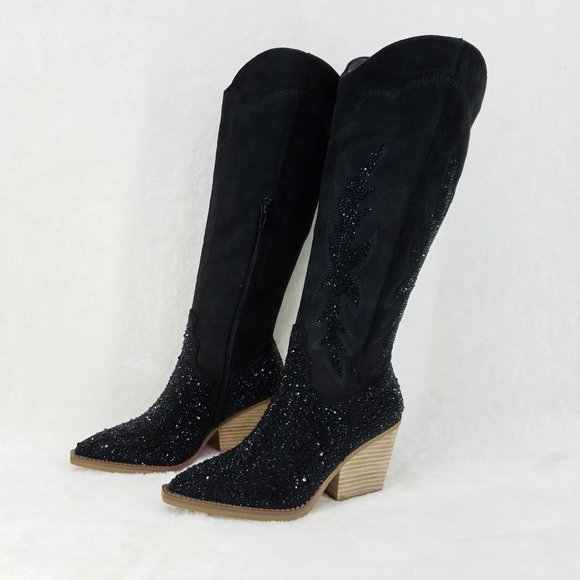 Anniston Black Rhinestone Glamour Country Western Cowgirl Knee Boots - Picture 8 of 12